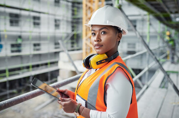 black woman, tablet and construction for engineering, vision and site assessment with floor plan. ar