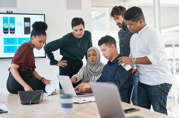 Aufkleber - Meeting, problem solving or business people on laptop with feedback, discussion or teamwork. Company review, financial or professional colleagues talking for collaboration, advice or planning growth