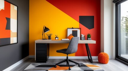 Modern Home Office Interior Design with Yellow Red and Black Walls