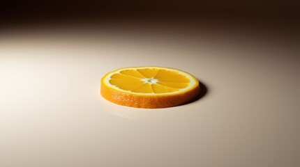 Wall Mural - A close-up of a single citrus fruit slice, such as an orange or lemon, is laid flat on a bright white surface