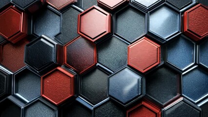A colorful pattern of hexagons and squares. The colors are red, blue, and black. The pattern is abstract and has a modern feel to it