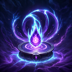 A glowing purple orb with a blue flame rests on a circular stone altar, surrounded by swirling purple and blue energy.