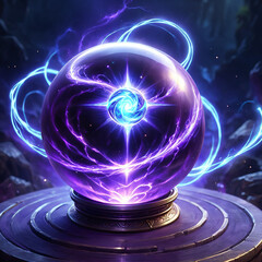 A spherical glass orb sits on a circular platform, filled with swirling purple and blue energy. It emits a bright, pulsating light, suggesting mystical power.