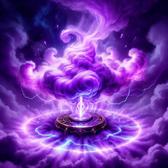 A swirling purple cloud emanates from a circular platform inscribed with runes. Lightning bolts arc around the platform, creating a vortex of magical energy.