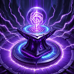 A stone altar with an ornate design is surrounded by electric energy. An orb containing swirling magic sits atop the altar, emanating a bright purple glow. The altar is set on a circular platform, wit