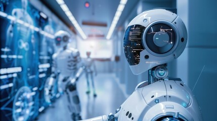 Close-up of a Futuristic White Robot with a Display Screen in a Futuristic Setting