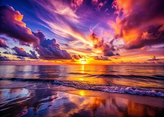 Wall Mural - Serene Sunset Over Ocean with Vibrant Purple and Orange Hues Reflecting on Calm Waters