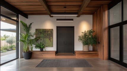 Modern Entryway with Wooden Beams Plants and Black Doors