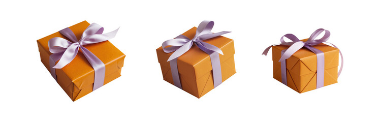 Orange gift box with purple ribbon. Collection of classic luxury gift boxes with elegant ribbons. Set of gift preset boxes with ribbon of various styles. Perfect for any celebration occasion project.