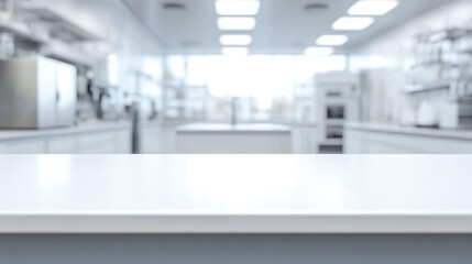 empty white laboratory table workspace with clear natural light blurred background with modern inter