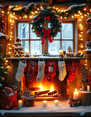 product display background, a cozy log cabin filled with Christmas decorations, roaring fireplace casts a warm light over stockings, garlands and glowing candles, snow landscape, holiday charm