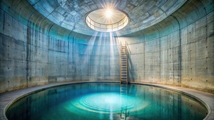 A circular concrete room with a pool of water in the center, lit by a single shaft of light from a skylight, and a wooden ladder leading to an unseen level above