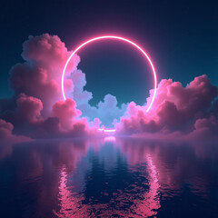 Wall Mural - futuristic abstract empty scene with smoke and neon circle, reflection in water, neon light. night v