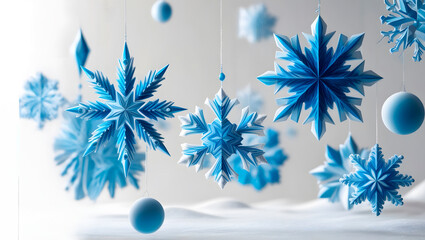 Hanging blue and white snowflake decorations in a festive winter setting, perfect for illustrating holiday, Christmas, and seasonal celebrations in decorative designs or festive displays