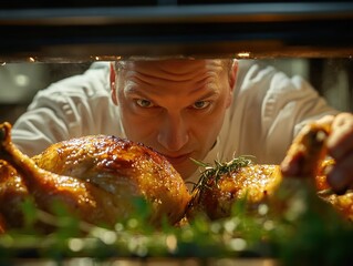 Professional chef carefully inspecting roasted chickens in a commercial oven, 