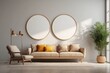 © ArikEkaSatya - Blank circle frame mockup on the wall. Template for painting or poster. Living room interior design. View of modern style interior with artwork mock-up