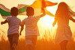 © V.Semeniuk - Children Joyfully Run Through a Golden Field Waving the Indian Tricolor Flag at Sunset