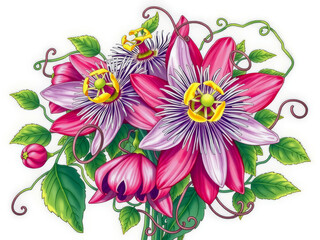 Wall Mural - A bouquet of flowers with a white background. The flowers are pink and purple and are arranged in a way that they look like they are growing out of a vine. Scene is one of beauty and natural elegance