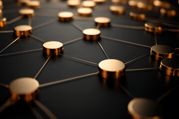 3d Social networking gold black chrome nodes background, interconnected by golden lines to form a grid structure, indicating interconnections and relationships in the social community or business