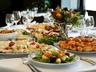elegant catering banquet table beautifully adorned with an array of delicious snacks and appetizers,