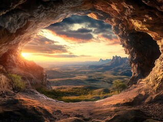 empty cave with a view opening out towards a stunning landscape, creating a mysterious atmosphere that invites exploration and adventure