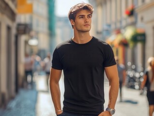 fashionable male model wearing a classic black cotton t-shirt, casually strolling down a lively city street, capturing the essence of urban style and everyday life in a modern metropolis