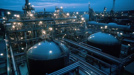 Industrial facility with large storage tanks illuminated at night, showcasing intricate piping systems