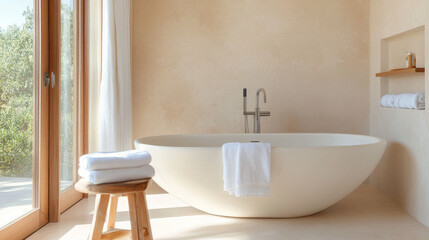 Poster - A serene bathroom featuring modern freestanding bathtub, soft towels, and natural light streaming through large windows. warm tones create calming atmosphere