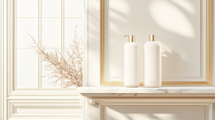 Poster - Elegant white bottles are displayed on marble shelf against soft, light background, complemented by delicate dried flowers, creating serene and sophisticated atmosphere