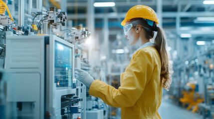 A woman in yellow safety jacket and helmet is focused on operating machinery in modern industrial setting. Her attention to detail reflects importance of safety and precision in manufacturing