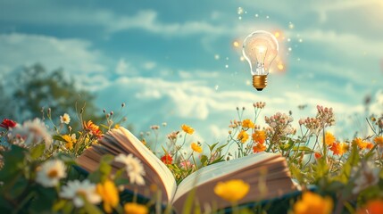 Wall Mural - open book in a field of flowers with a glowing lightbulb above
