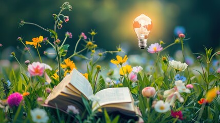 Wall Mural - open book surrounded by flowers with a lightbulb floating above