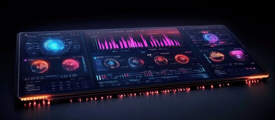 Wall Mural - a futuristic digital display with various colorful graphs and data points.