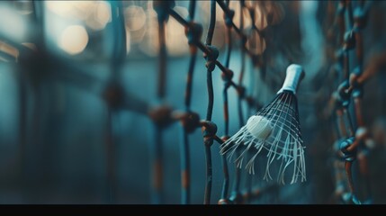 A Badminton Shuttlecock Caught on a Rusty Wire Fence