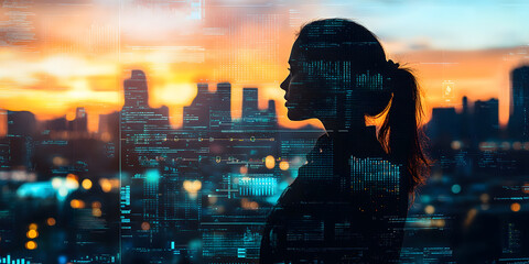 Silhouette of a woman with data visualizations overlaid against a vibrant cityscape at sunset, symbolizing technology, innovation, and future development.