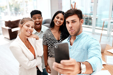 Business people, tablet and silly team with selfie for picture, photography or memory together at office. Young, group or goofy employees with funny face, colleagues or friends for moment or capture