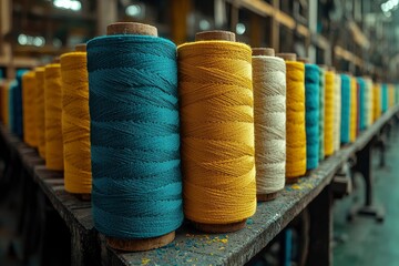 Wall Mural - Colorful Spools of Thread on a Shelf in a Textile Factory