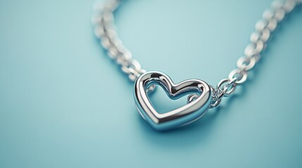 Wall Mural - Highlighted heart-shaped link within a silver chain, elegantly positioned on a serene blue background.