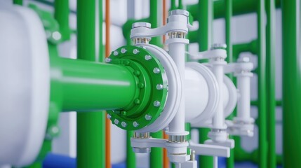 A close-up view of green industrial pipes and valves, showcasing modern engineering and intricate design elements in a machinery setting.