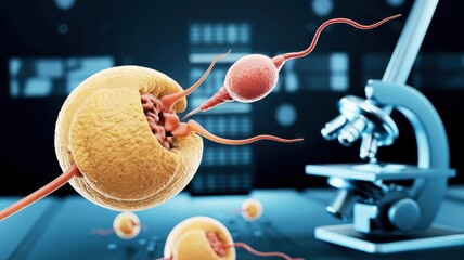 A digital illustration of sperm and egg cells in a laboratory setting, highlighting reproductive biology and cellular interaction.