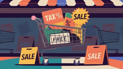 A colorful illustration of a shopping cart filled with promotional tags like “Sale,” “Tax%,” and “Free,” suggesting a vibrant retail environment.