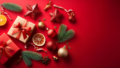 Aufkleber - A festive flat lay on a red background featuring Christmas and New Year items. _1(21)