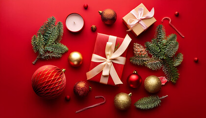 Aufkleber - A festive flat lay on a red background featuring Christmas and New Year items. _1(17)