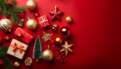Aufkleber - A festive flat lay on a red background featuring Christmas and New Year items. _1(14)