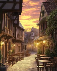 Canvas Print - A charming German street with half-timbered buildings, wooden tables and chairs under lanterns, a colorful sky in the background, capturing an old-world charm. 