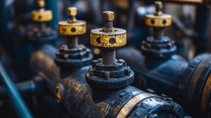 Canvas Print - An up-close view of industrial valves featuring aged metal and yellow accents, highlighting textures and mechanical details.