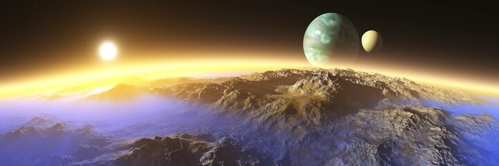 Wall Mural - titan (satellite of saturn) at sunset, panorama of the red planet at sunrise, the surface of an alie