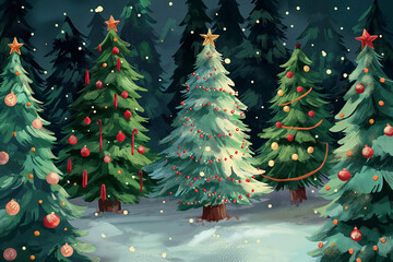 Beautiful decorated Christmas trees in the winter time. Illustration, perfect for greeting card and xmas design. Colorful Merry Christmas scene. 