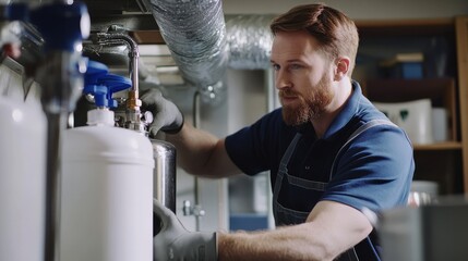 A technician repairs a water filtration system in a modern setting, showcasing expertise and hands-on skills.