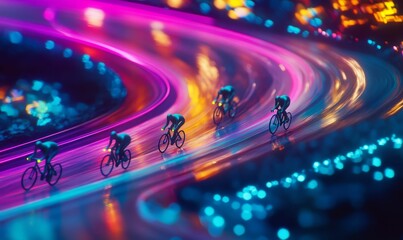 Canvas Print - Cyclists racing on a neon-lit track.